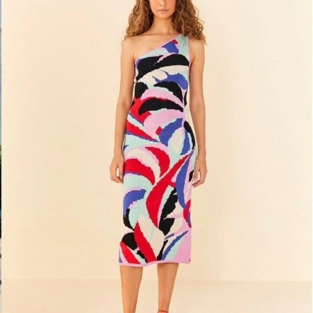 Farm‎ Rio Pink Tropical Monstera Leaf One Shoulder Knit Midi Dress Multicolor